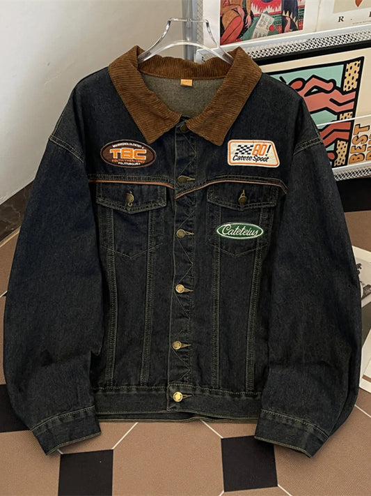 Men's Plus Size Corduroy Collar Button Up Denim Jacket Blue - Fashorio
