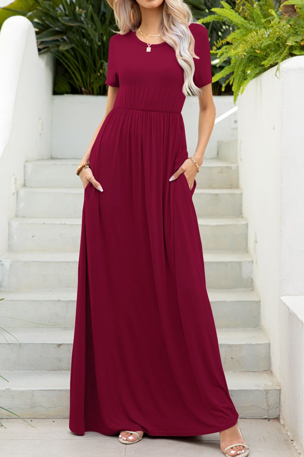round neck maxi tee dress with pockets close up view