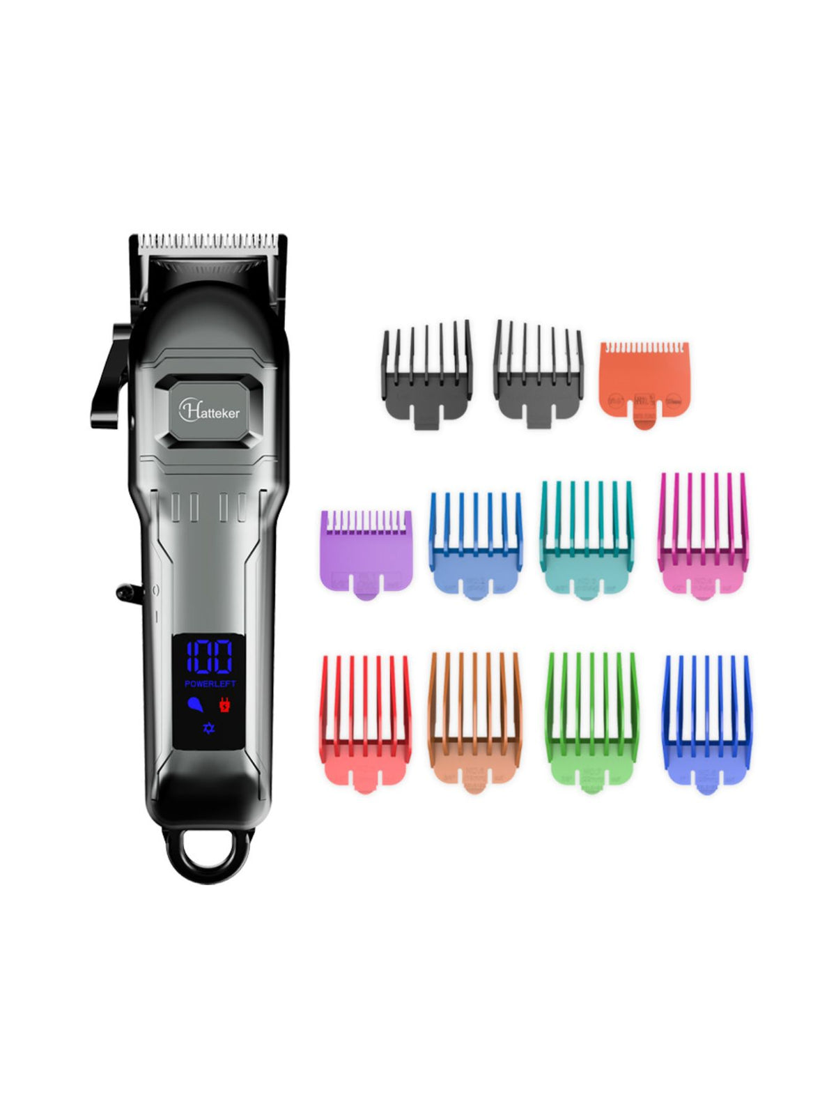Silver cordless hair clipper full kit view