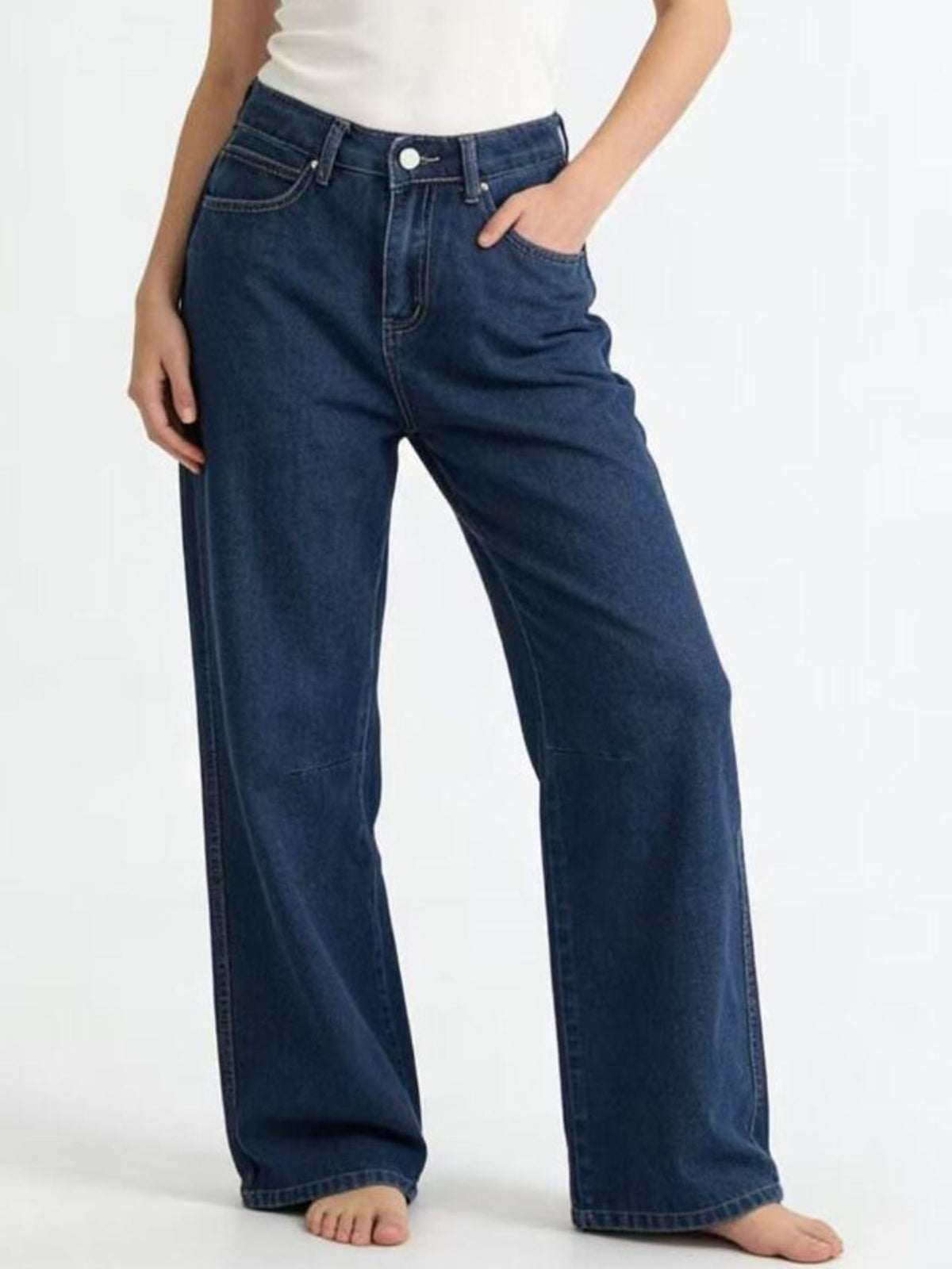 High waisted wide leg dark wash jeans front view