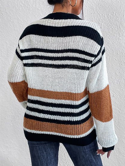 Striped Round Neck Sweater - Fashorio