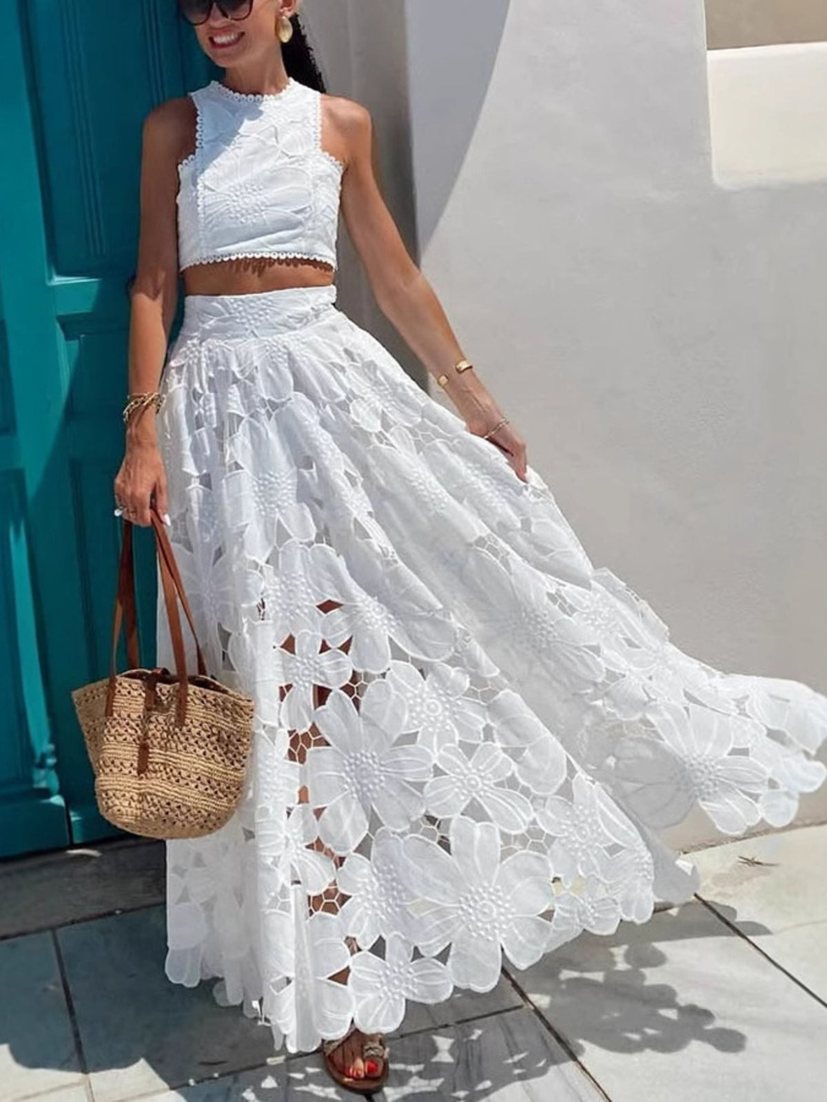 White floral lace tank and skirt two piece set front view