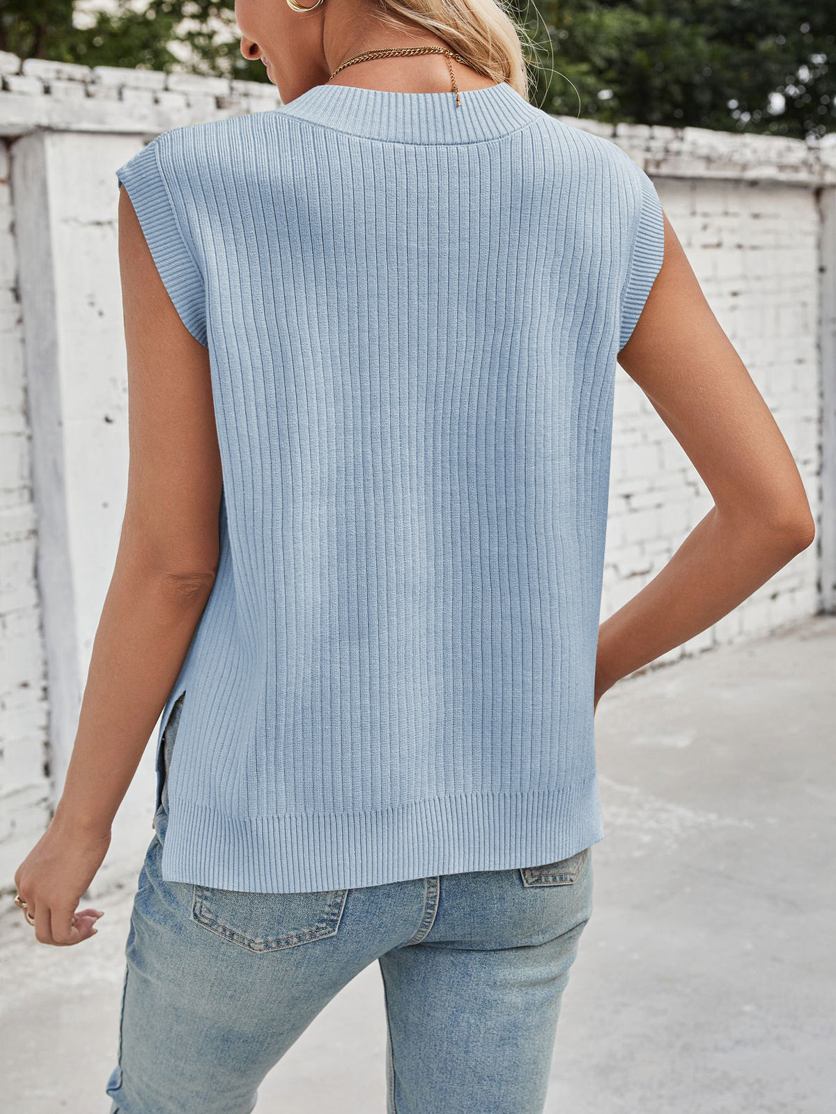 Ribbed knit sweater vest in a soft pastel shade