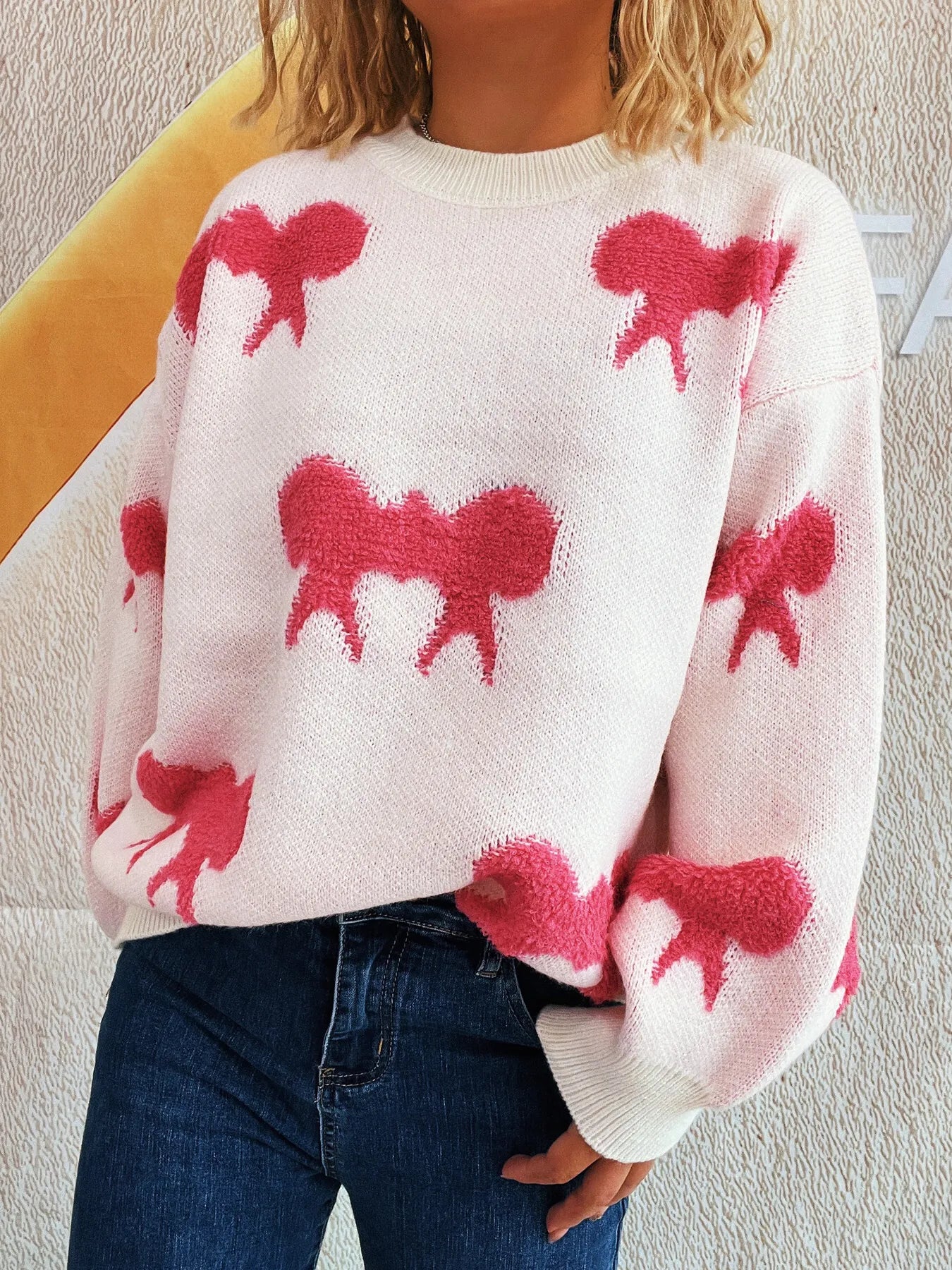 Bow Pattern Round Neck Sweater White Powder One Size - Fashorio