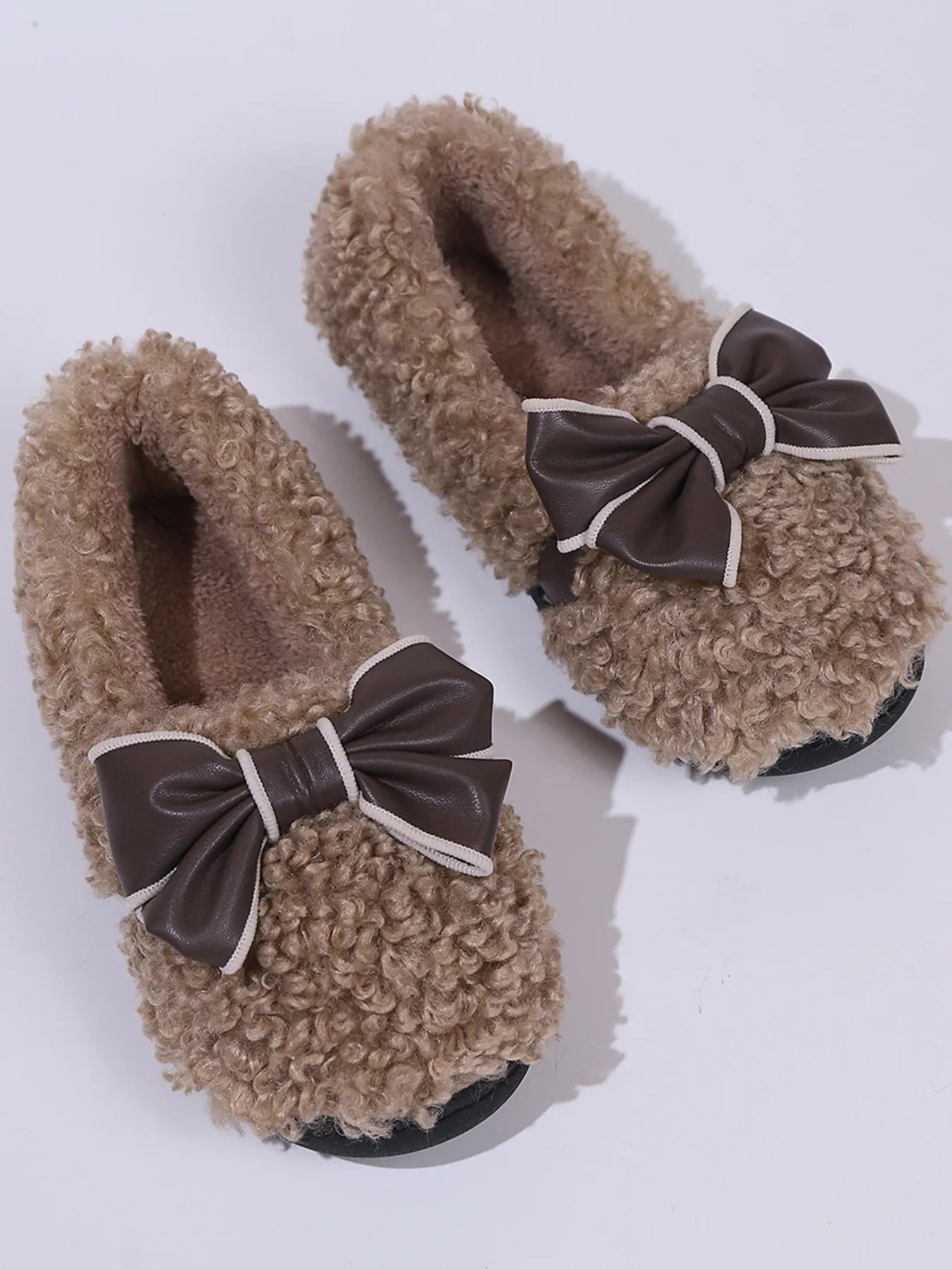 Cozy Bow-Knot Fluffy Indoor Slippers Taupe - Fashorio