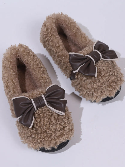 Cozy Bow-Knot Fluffy Indoor Slippers Taupe - Fashorio