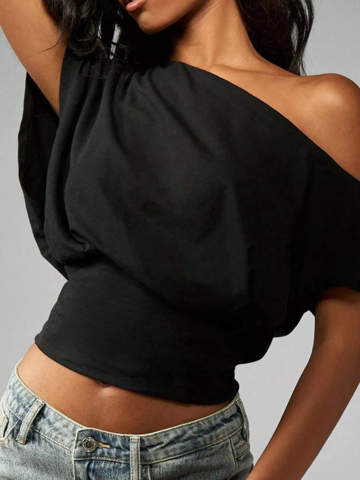 One shoulder crop tee yellow front view