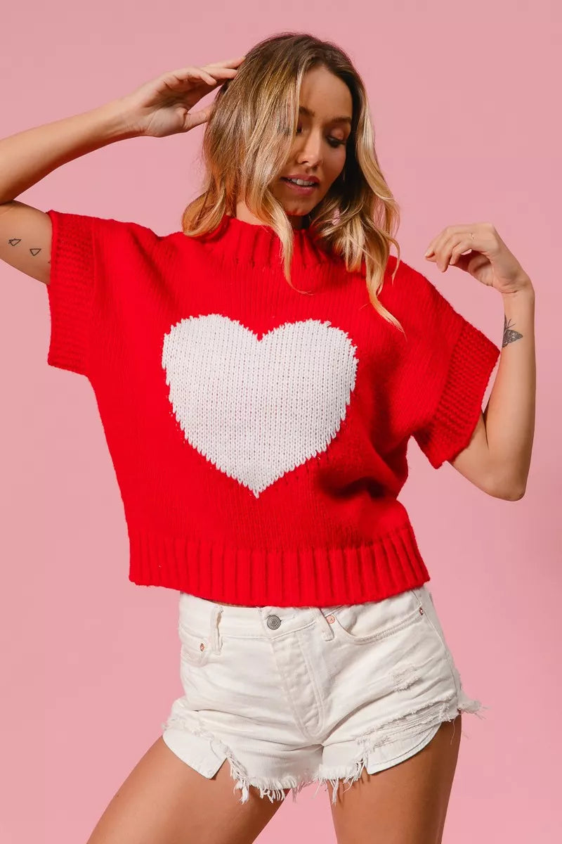 Heart Pattern Rib Banded Sweater in Red and Ivory view 13