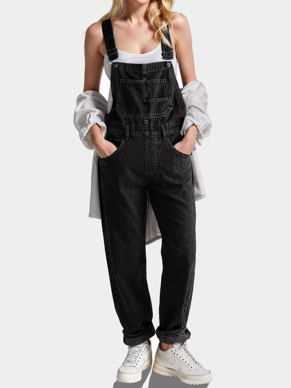 Black square neck crisscross strap overall dress front view
