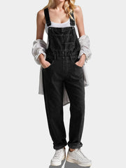 Square Neck Wide Strap Denim Overalls Black - Fashorio