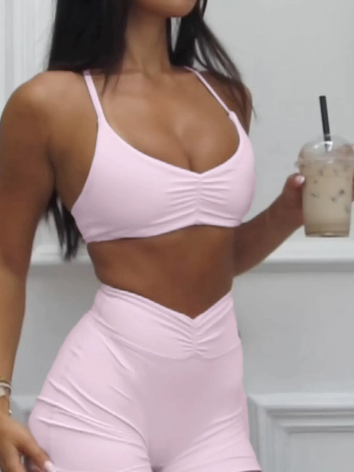 Ruched Sports Bra and High Waisted Shorts Active Set side view