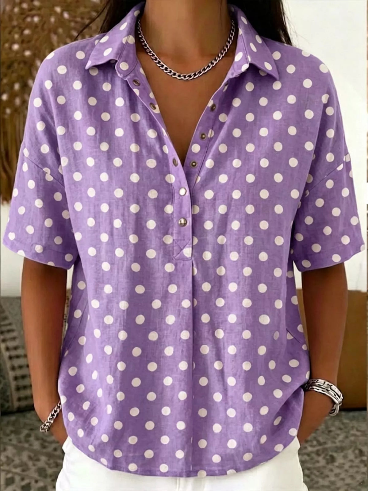 Womens polka dot shirt side view