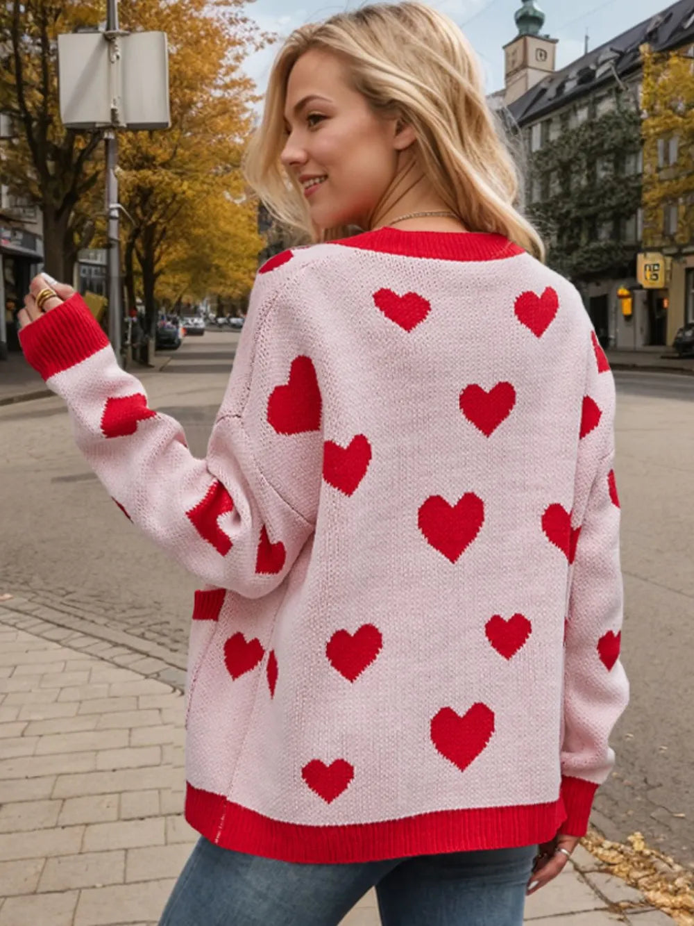 Heart Button Up Dropped Shoulder Long Sleeve Cardigan - Fashorio