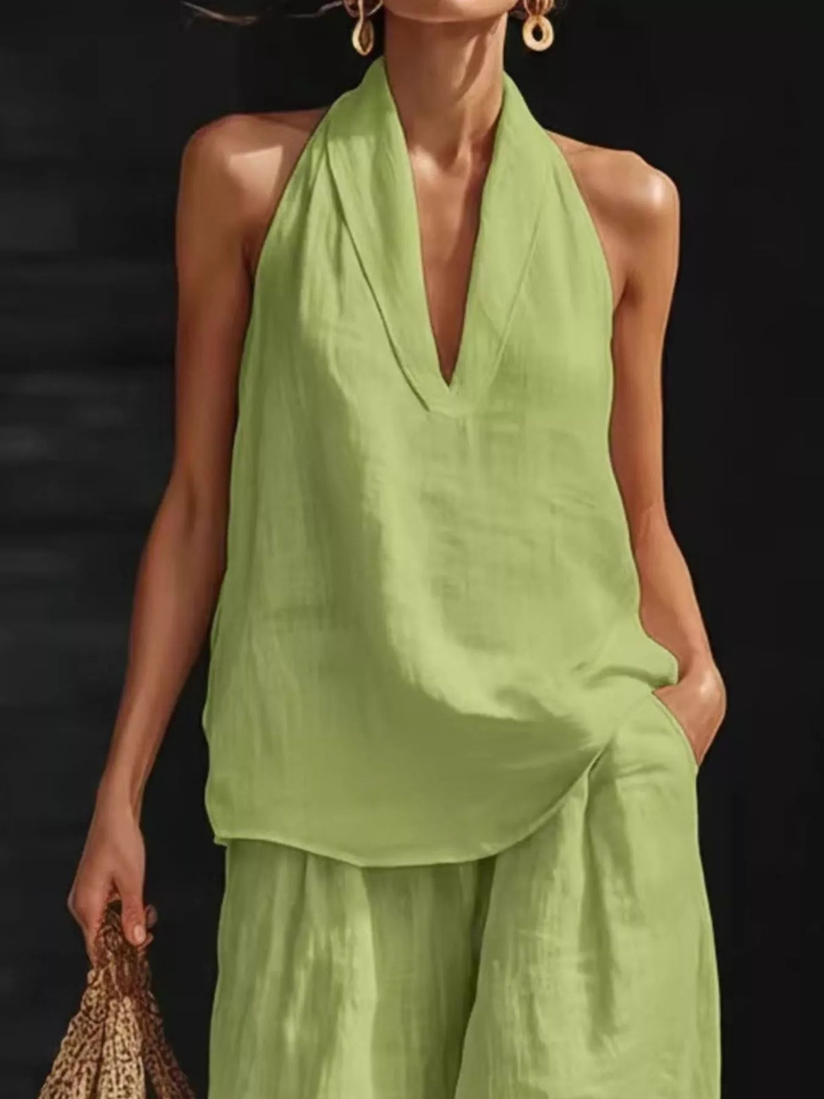 Halter Neck Top and Wide Leg Pants Set Plus Size, view 15