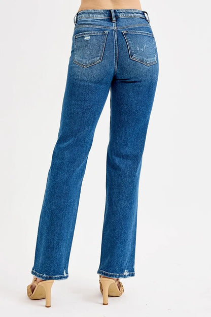 RISEN Full Size Tummy Control High Rise Straight Distressed Jeans Plus Size - Fashorio
