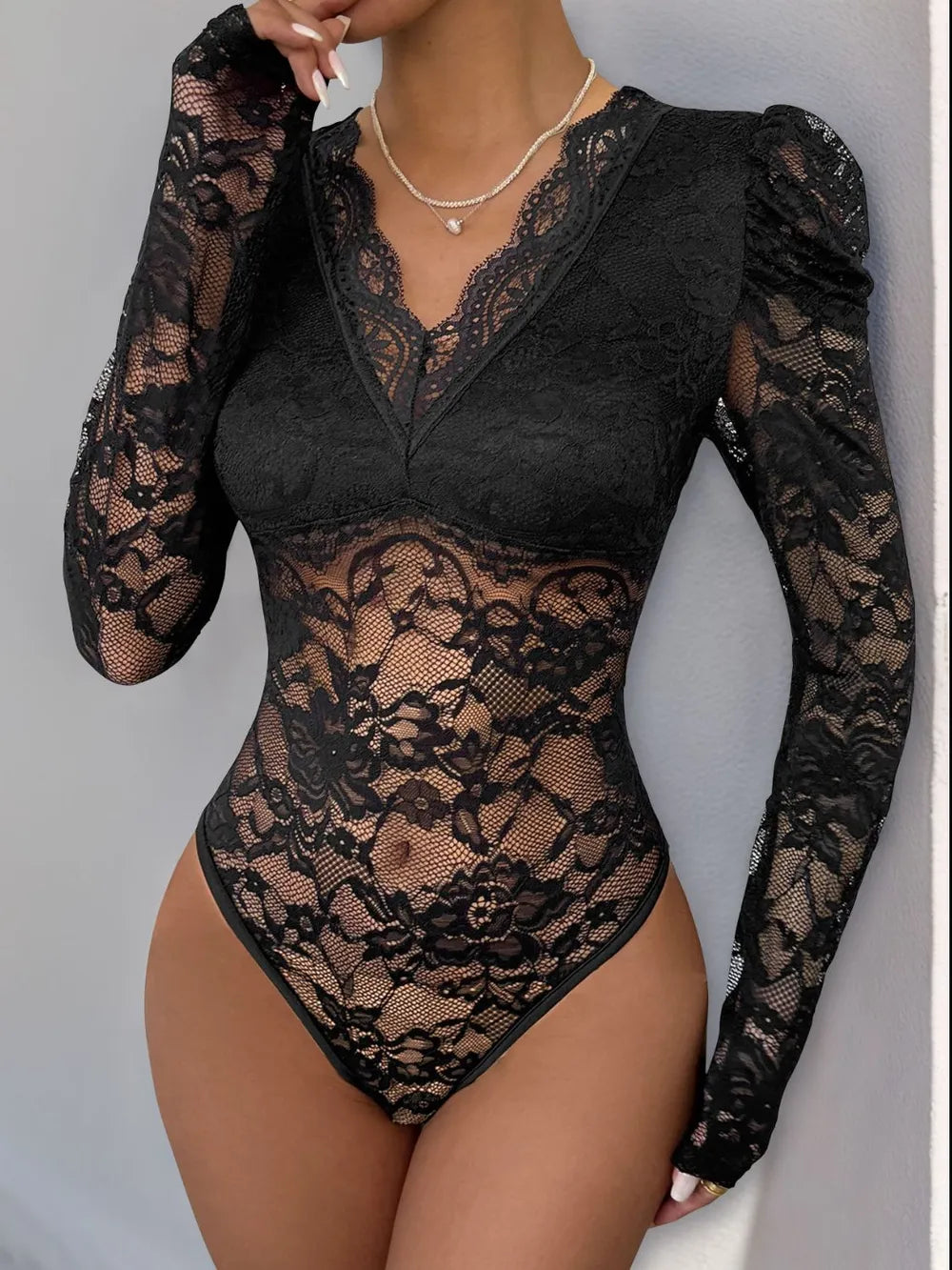 Perfee Lace V-Neck Long Sleeve Bodysuit - Fashorio