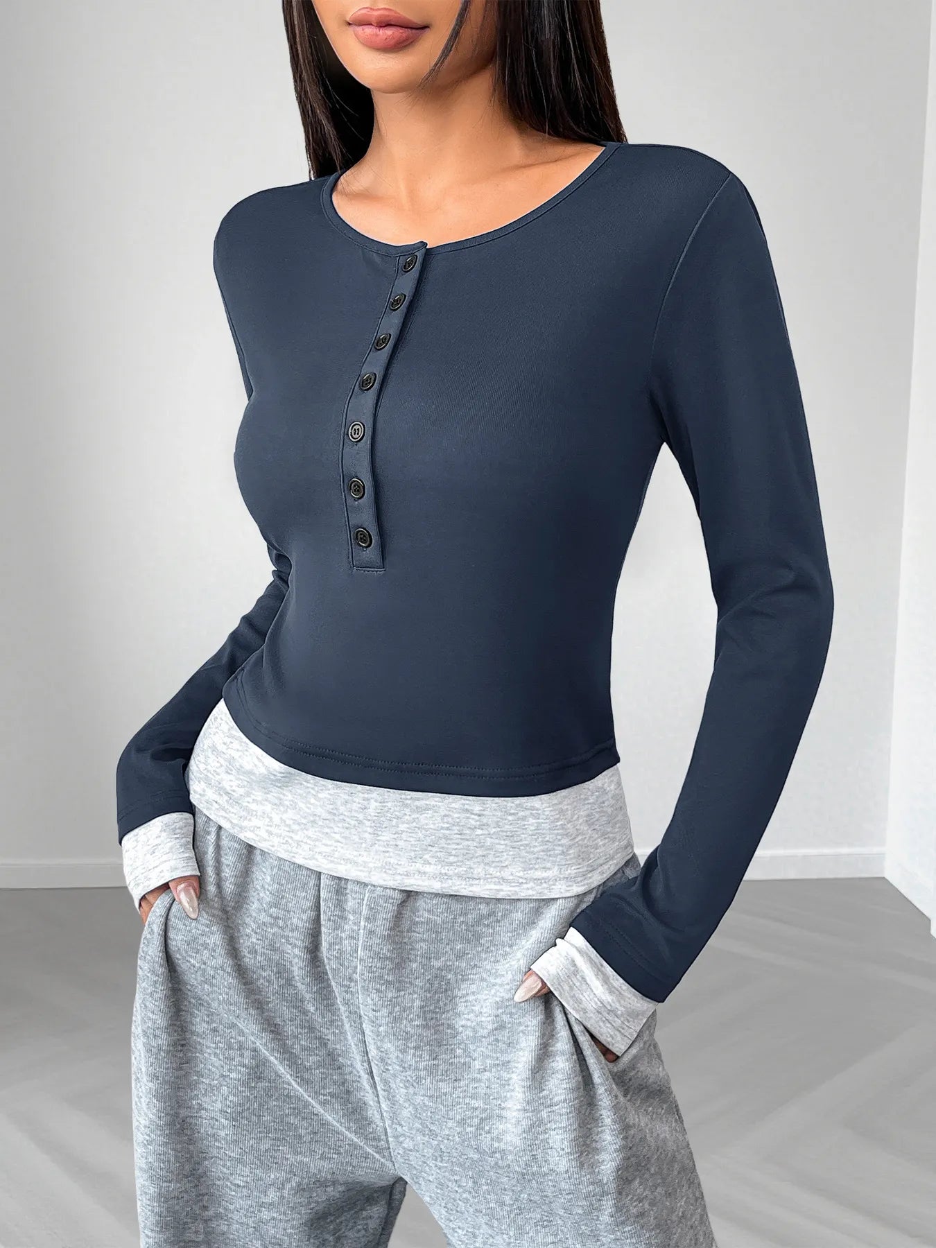 Long Sleeve Button Front Fitted T-Shirt - Fashorio