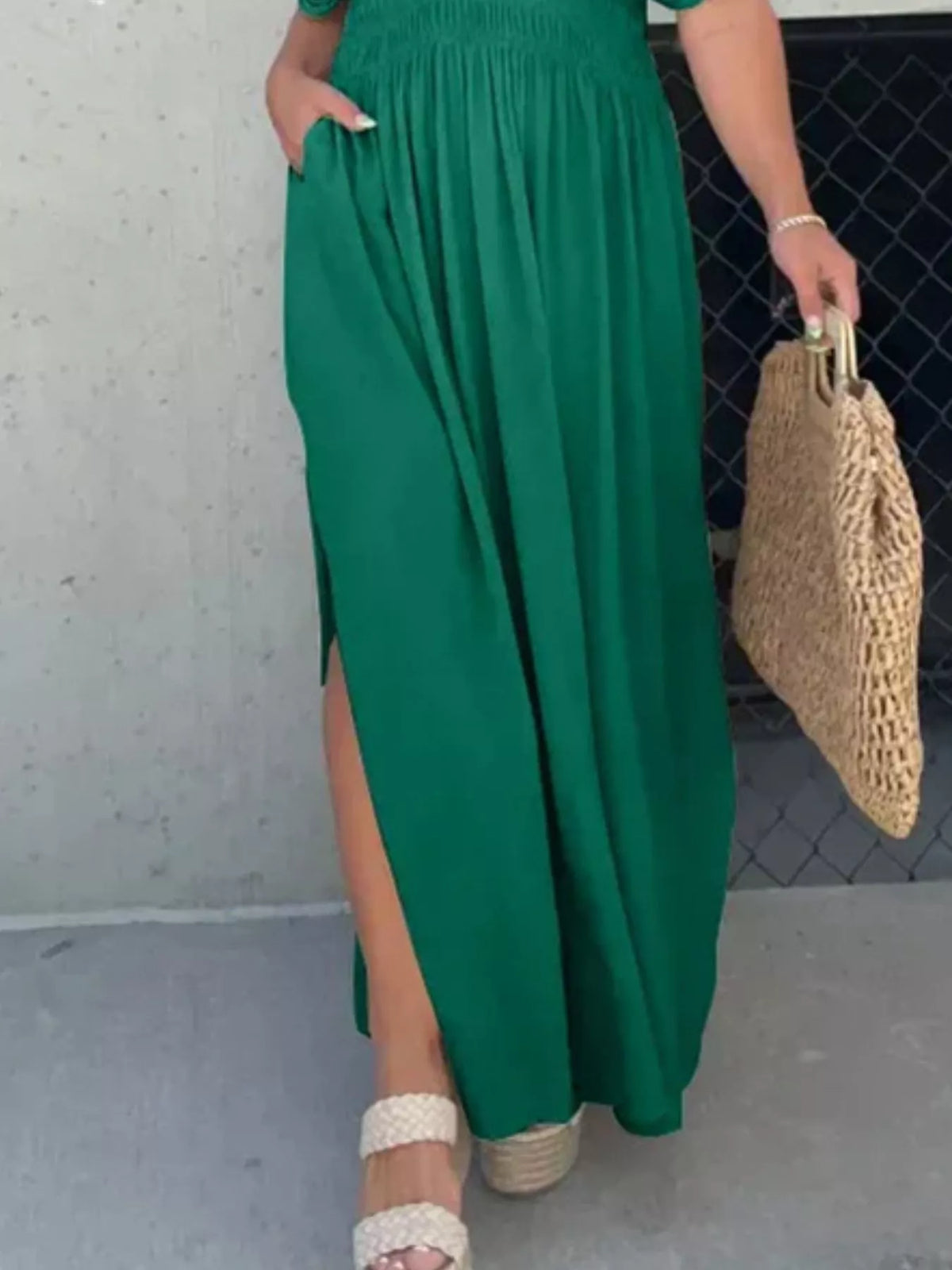 Slit V neck smocked waist maxi dress side view