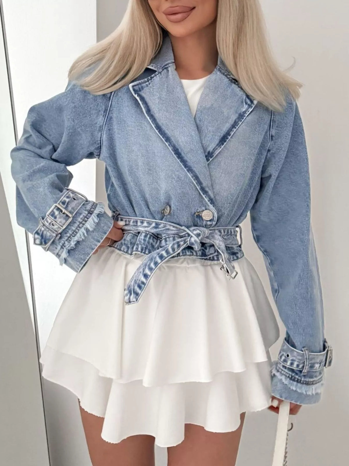 Cropped Long Sleeve Denim Jacket in Blue on model
