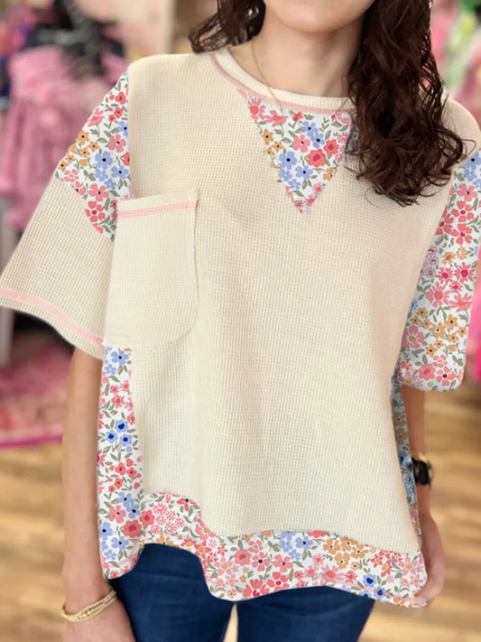 Floral Round Neck Relaxed Fit T-Shirt Beige - Fashorio