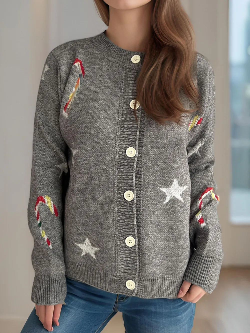 Candy Cane & Star Button Down Long Sleeve Cardigan - Fashorio