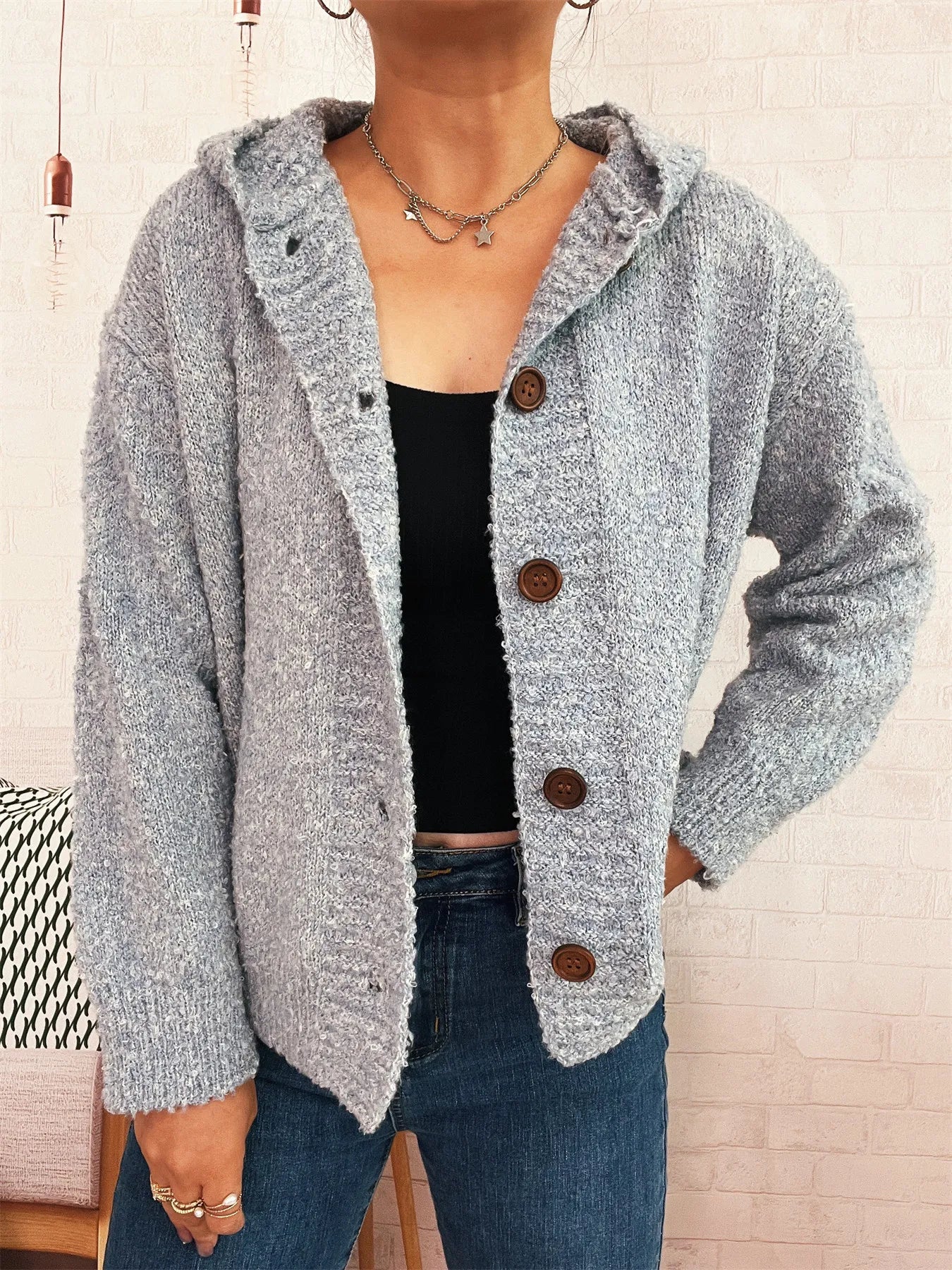 Cozy Button-Up Hooded Cardigan - Fashorio