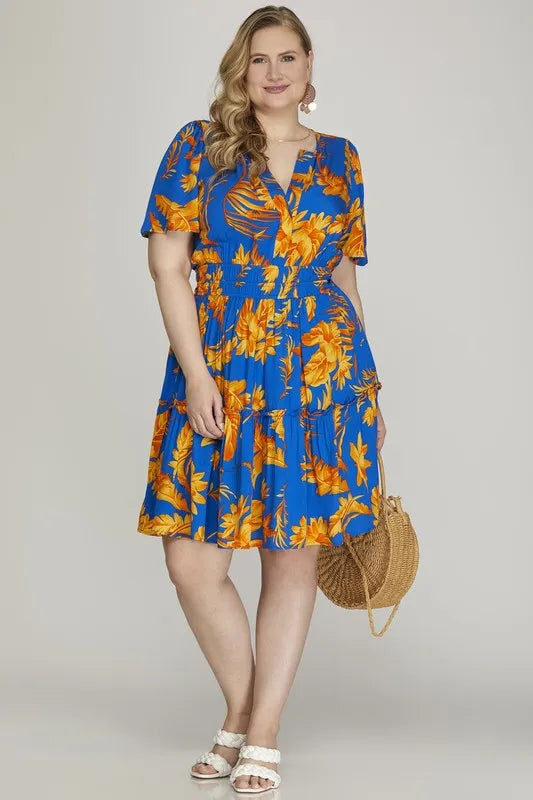 Printed Notched Short Sleeve Frill Tiered Dress styled look