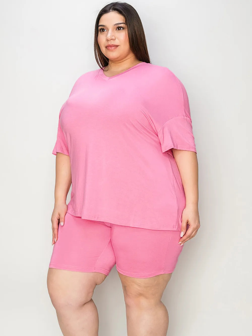 Basic Bae Full Size V-Neck Drop Shoulder T-Shirt and Shorts Set - Fashorio