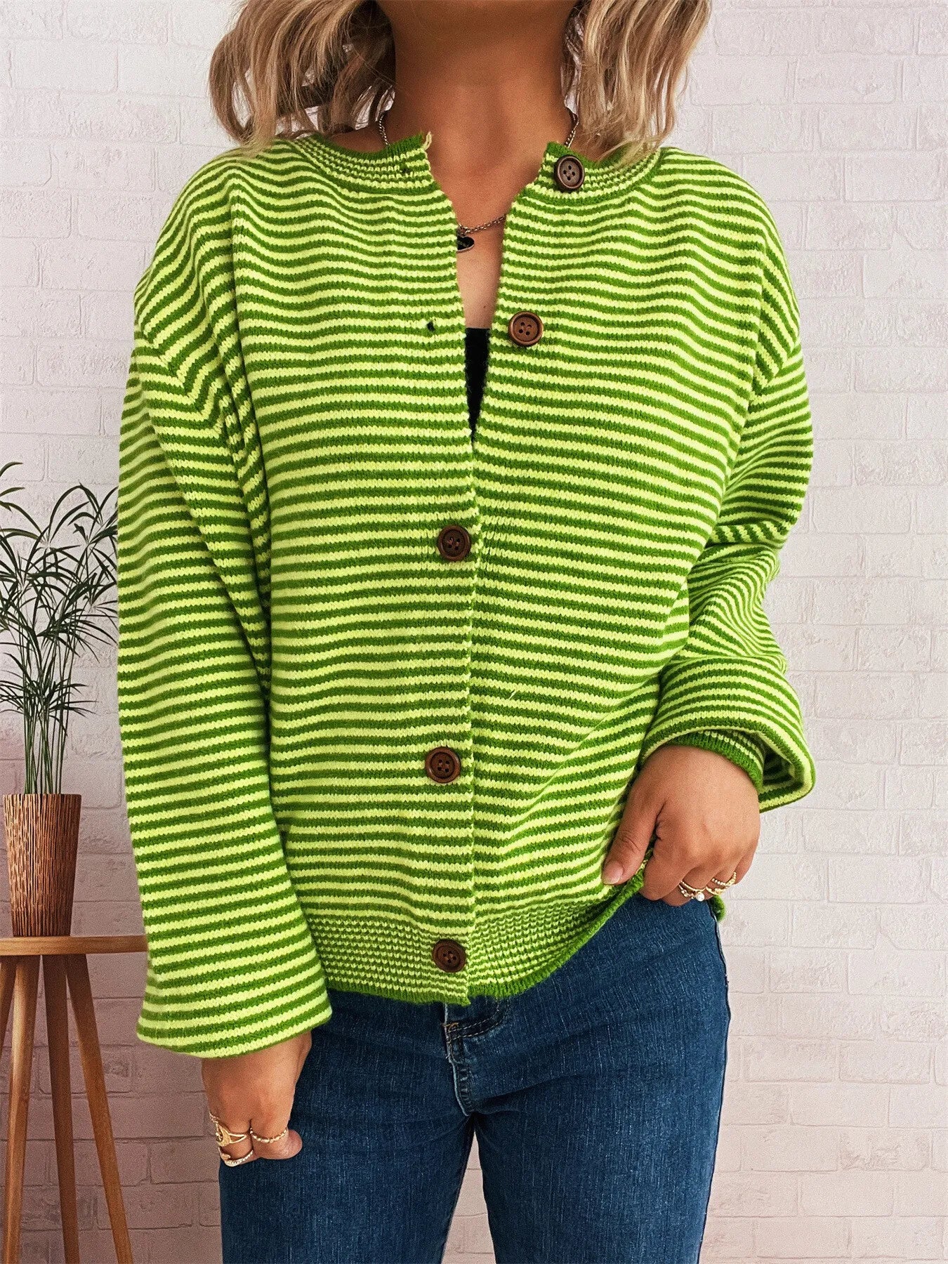 Striped Button Up Long Sleeve Cardigan - Fashorio