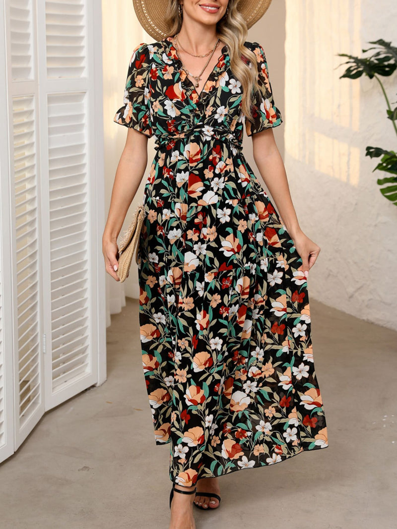 floral frill v neck maxi dress in black front view