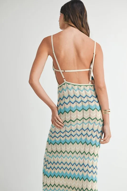 MABLE Lightweight Pointelle Chevron Knit Maxi Dress - Fashorio