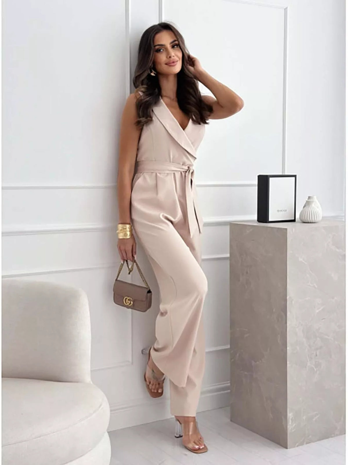Side view of the wide leg jumpsuit showing the drape