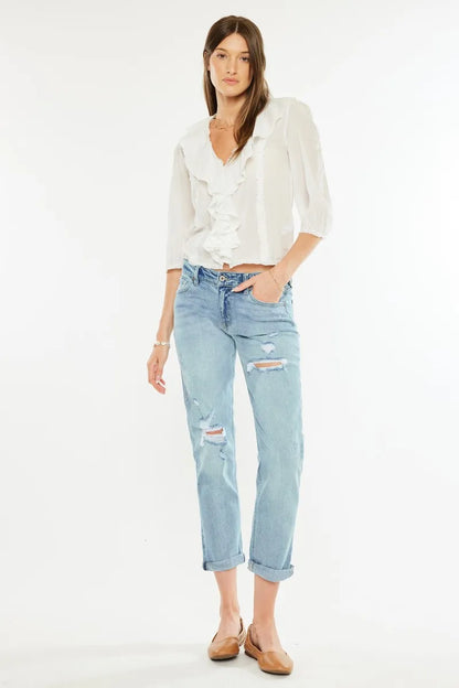 Kancan Mid Rise Distressed Boyfriend Fit Jeans - Fashorio