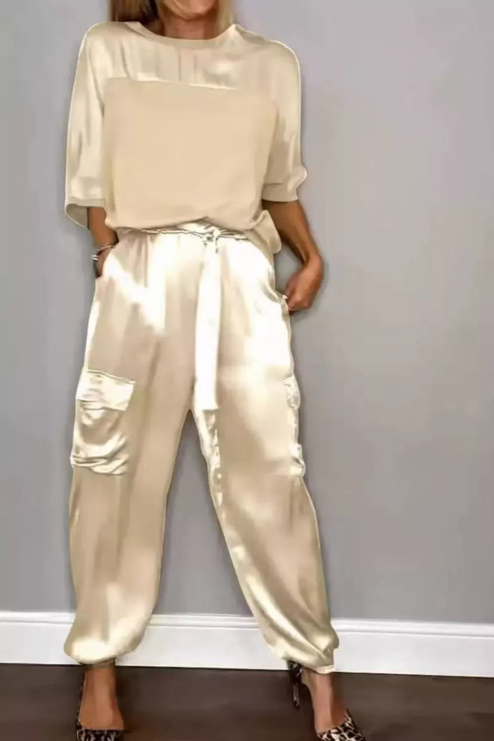 Satin top and pants styled evening look