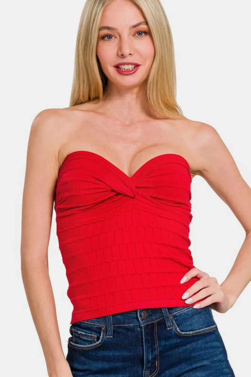 Red ruched sweetheart neck top front view