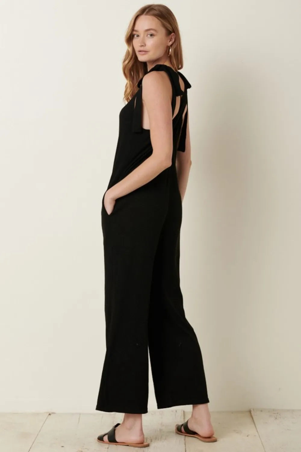 Rib Knit V Neck Cross Back Jumpsuit back view