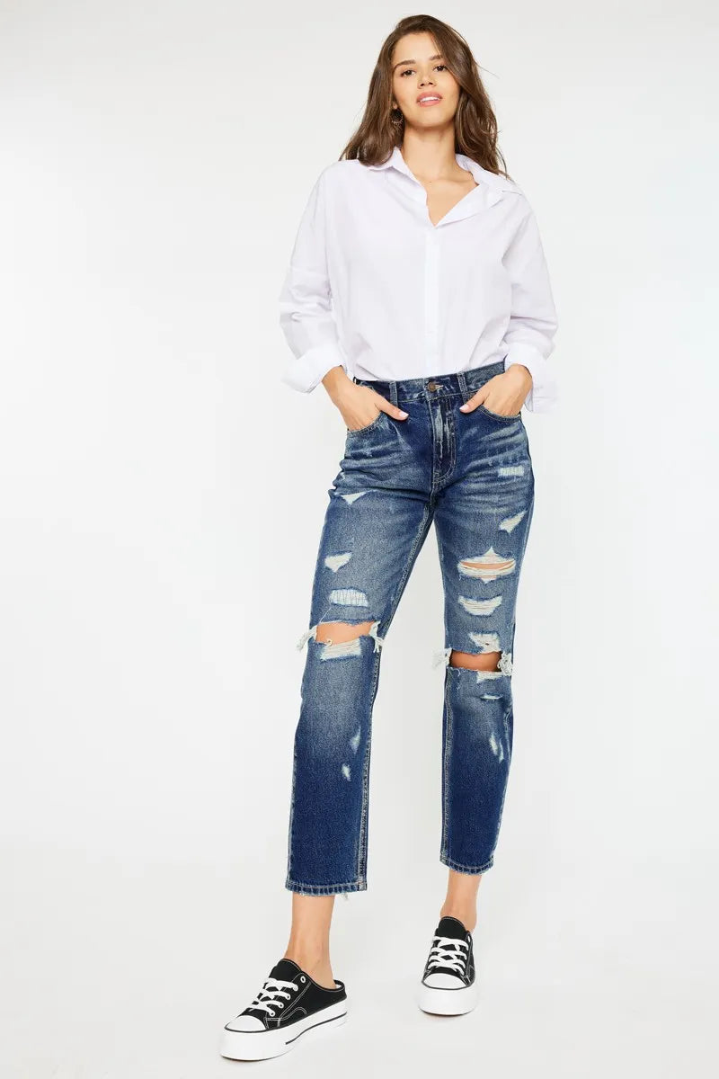 Full length styling of dark wash mom jeans