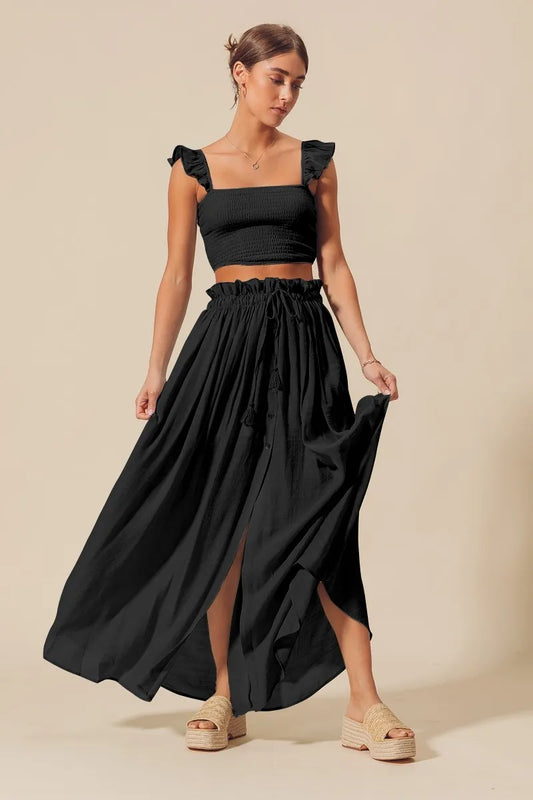 SO ME Smocked Top and Flowy Maxi Skirt Set - Fashorio