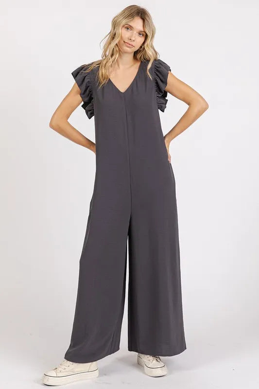 V Neck Ruffled Cap Sleeve Wide Leg Jumpsuit side view