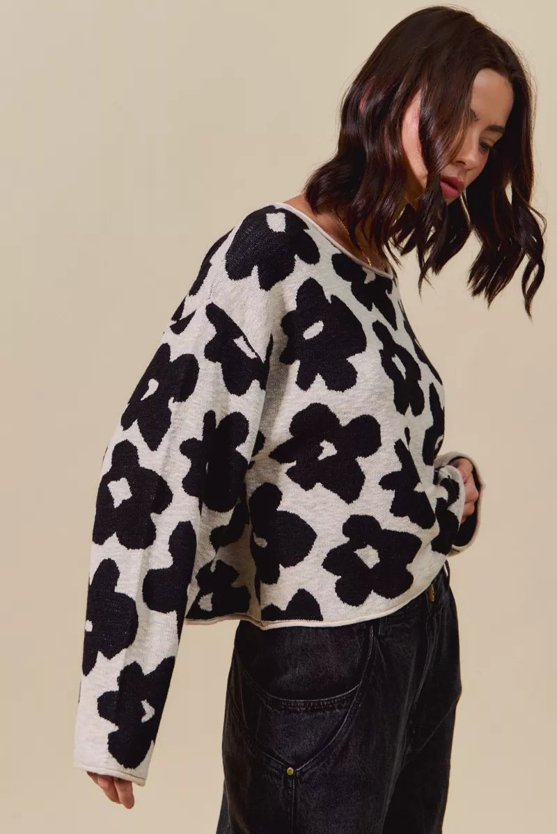 Floral Loose Fit Lightweight Sweater Top in Black and Oatmeal detail