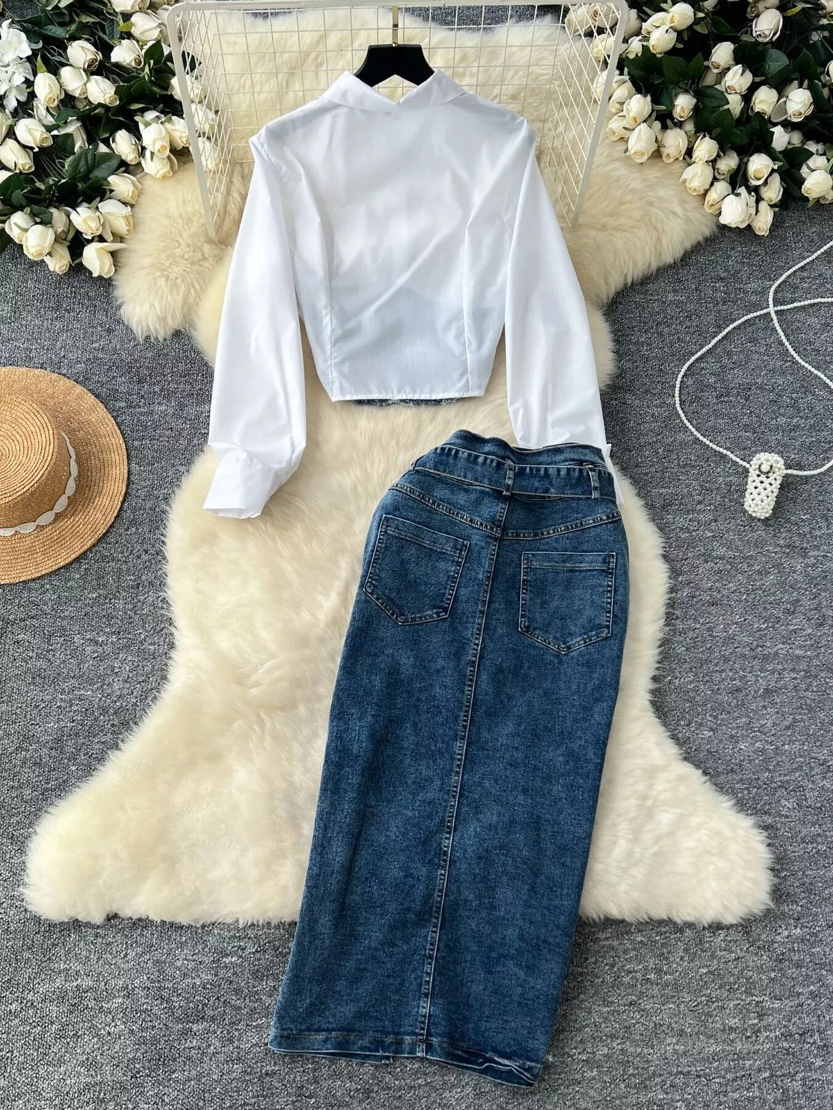 Denim slit maxi skirt set side view