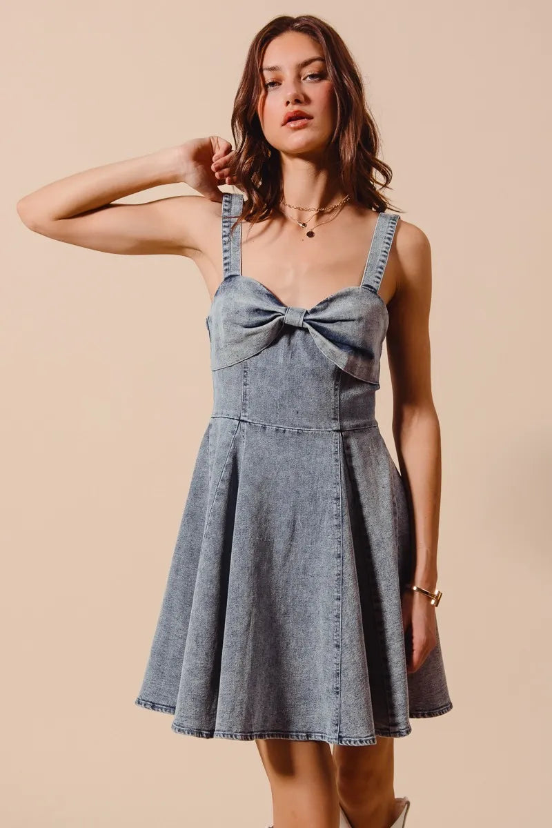 SO ME Mineral Washed Bow Ribbon Denim Flare Dress DENIM - Fashorio
