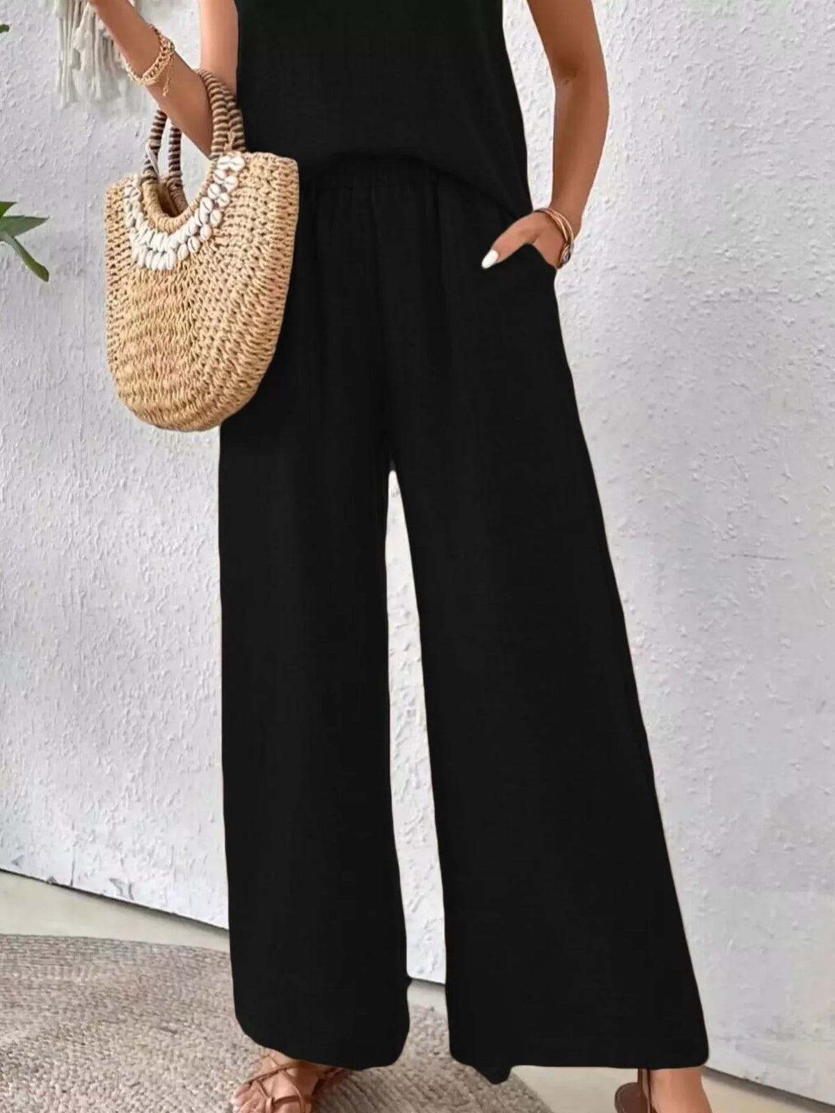 Round neck tank and pants outfit full length