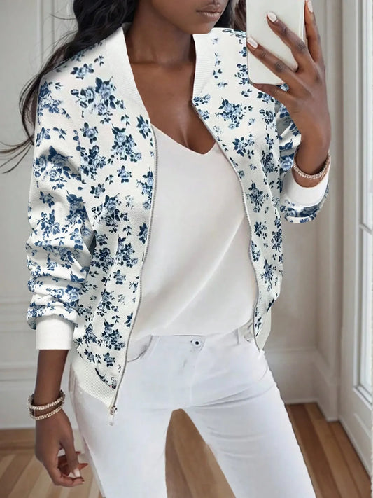 Printed Zip Up Long Sleeve Jacket Blue - Fashorio