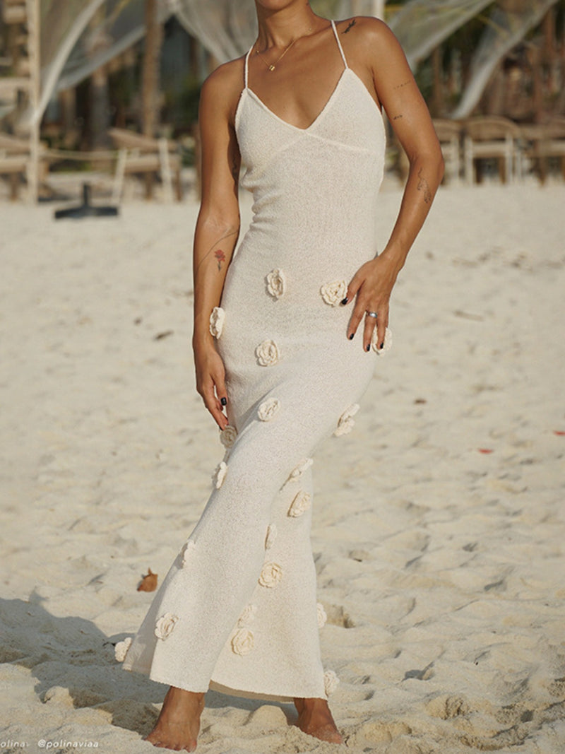 Floral applique spaghetti strap knit dress front view
