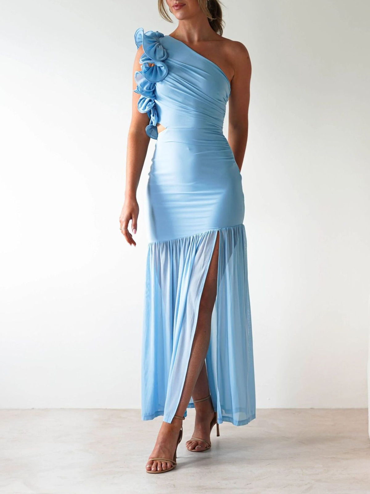 one shoulder ruffle trim maxi dress hemline detail