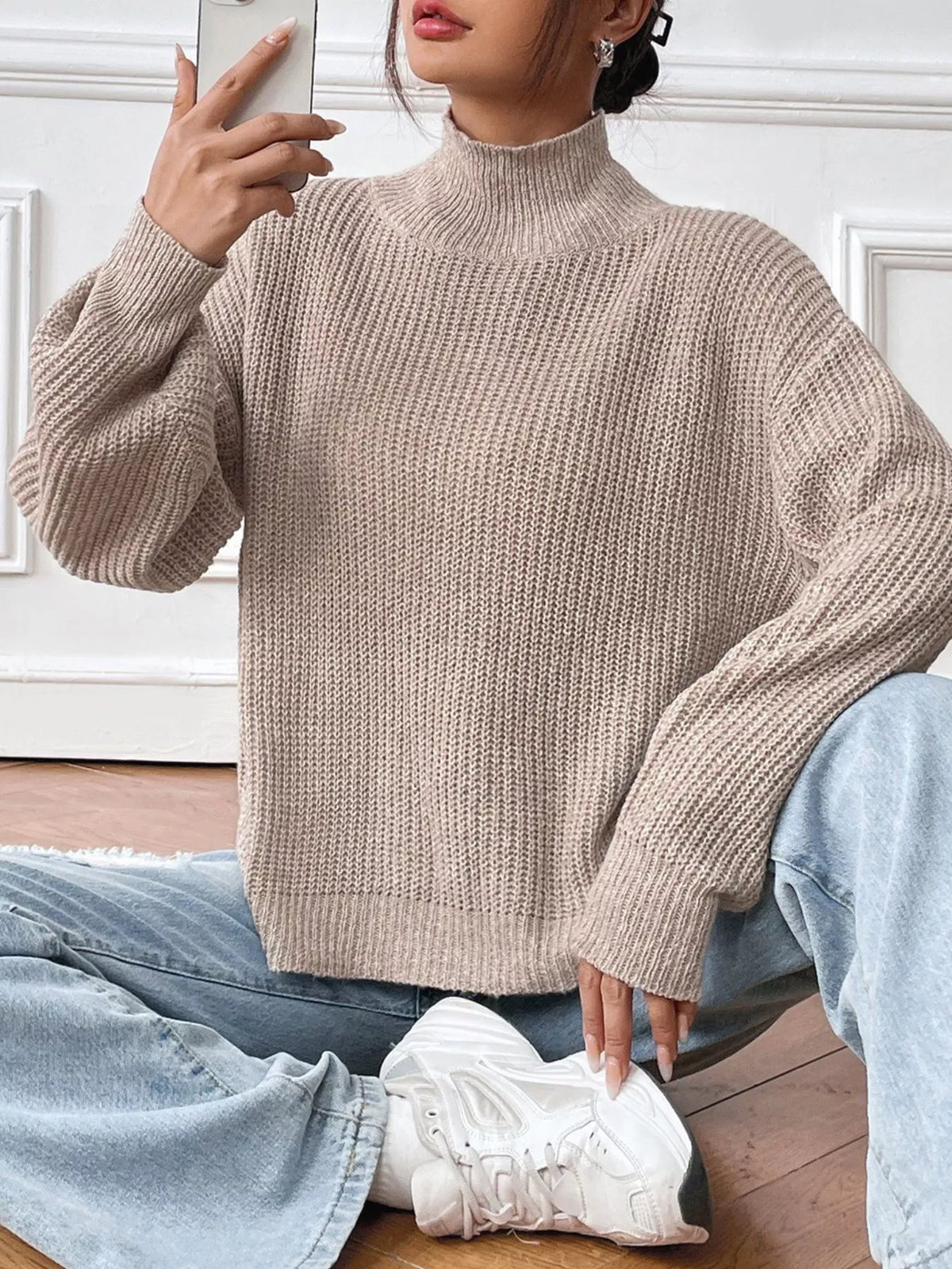 cozy knit turtleneck drop shoulder sweater mocha knit texture detail