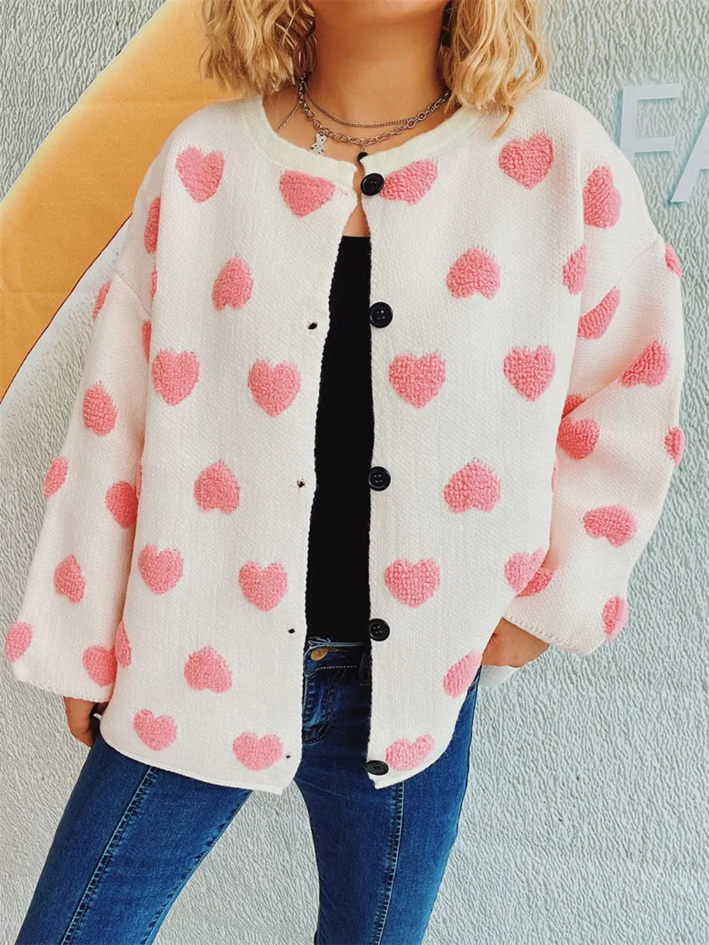 Heart Button Up Long Sleeve Cardigan - Fashorio
