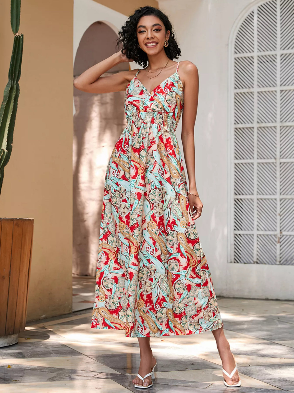 Floral print spaghetti strap midi dress detail view