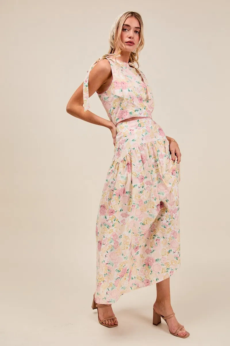 SO ME Floral Printed Woven Shoulder Bow Tie Top and Skirt Set - Fashorio